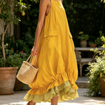 Yellow Sleeveless Big Pockets Layered Ruffle Hem Bubble Midi Dress