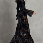 Midnight Floral Velvet Flowing Gown With Lace-Trim Bell Sleeves