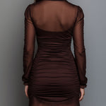Elegant Lace Hem Mocha Sheer Sleeve Ruched Satin Mini Dress