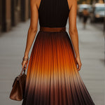 Sunset Pleated Ombre Halter Midi Dress