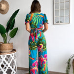 Floral Print V Neck Short Sleeves Crop Top Elastic Waist Wide Leg Pants Set