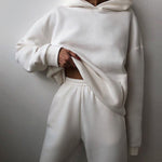 Nadorine Casual Solid Color Long Sleeve Hooded Sports Suit Hoodie Sweatshirt Two Piece Set