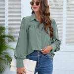 Nadorine V Neck Button Down Shirts Long Sleeve Collared Blouses Tops