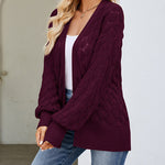 Solid Color Hollowed Out Knitted Cardigan Loose V-Neck Long Sleeved Cardigan Top