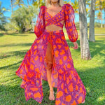 V-Neck Net Yarn Long Sleeves Bikini Swimsuit and Skirt
