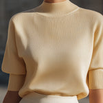 Ribbed Mock-Neck Short-Sleeve Knit Top