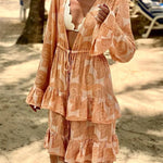 Soleil Conch Print Drawstring Waist Tiered Ruffles Cover-up Maxi Dress