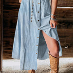 Mist Blue Fully Buttoned Long Denim Skirt