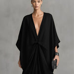 Women's Black Woven  Dress With Deep V-Neck & Twist-Front Detail, Timeless Dramatic-Luxe Style Dress