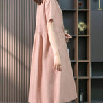 Nadorine Women's Crew Neck Cotton Linen Plain Dress Casual Loose Short Sleeve Sundress with Pockets
