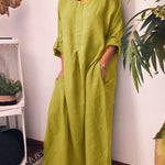 Long Sleeve Solid Color Plus Size Loose Fit Maxi Cotton Linen Dress Round Neck Button Up Dresses with Pocket