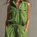 Casual Retro Green Cotton Linen Sleeveless Zip-up Shirt And Wide-leg Pants Set