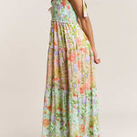 Margovil V Neck Bow Shoulder Tiered Floral Print Maxi Dress
