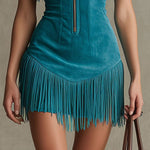Western Retro Peacock Blue Faux Suede Hollow-Out Tassel Mini Dress