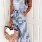 Margovil Sleeveless Knot Waist Wide Leg Striped Jumpsuit