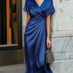 Loose Short Sleeves Asymmetric Solid Color Split-Joint V-Neck Evening Dresses Maxi Dresses