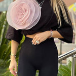 Loose T-shirt Three-dimensional Mesh Camellia Cotton Short-sleeved Top