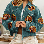 Halloween Pumpkin Sequined Distressed Corduroy Jacket