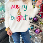 White Glitter Merry & Bright Round Neck Knit Sweater