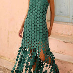 Juju Embroidered Cutout Polka Dots Square Neck Tassel Hem Slip Maxi Dress