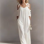 Women's Off-White Woven Dress With Oversized Silhouette & Side Pockets, Sophisticated Resort-Casual Style Dress