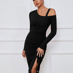 Sexy Drawstring Slit Off Shoulder Long Sleeve Dress