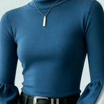 Long Sleeves Puff Sleeves Contrast Color High Neck Pullovers