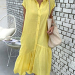 Nadorine Women's Casual Short Sleeve Ruffles Collared Button Down Maxi Dress