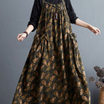 Artistic Retro Ramie Cotton Loose 3 Colors Floral Printed Square-Neck Sleeveless Strap Dress