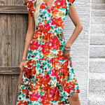 Nadorine Casual Ruffle Sleeve V Neck Midi Dress