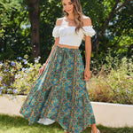 Nadorine Women High Waisted Long Skirt Flowy Drawstring Maxi Skirt