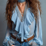 Powder Blue Lace Trim & Ruffled Pleated Chiffon Blouse
