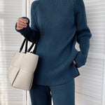 Solid Color Knitted Two Piece Casual Loose Loungewear Knit Sweater&Pants Set