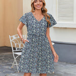 Nadorine Button Down Flutter Sleeve Cotton Linen Dress with Pockets