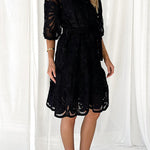 Solid Color Lace Cutout Balloon Sleeves and Waist Tie Mini Dress