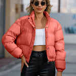 Short Puffer Jacket Stands Up Button Zipper Outerwear