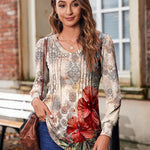 Nadorine Women'S Puff Long Sleeve Shirts Pleated V Neck Tunic Tops