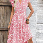 Nadorine Casual Ruffle Sleeve V Neck Midi Dress