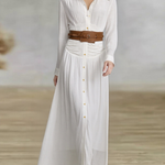 Women's Imitation Cotton And Linen Pleated Lapel Single-breasted Long-sleeved Maxi Dress