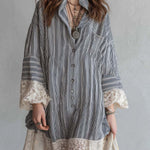 Bohemian Casual Striped Button Shirt Dress With Lace Trim