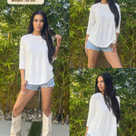 Nadorine 3/4 Length Sleeve Tops Loose Fit Shirts Pleated Tunics