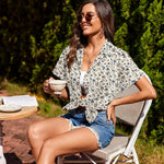 Nadorine Linen Shirts Cotton Short Sleeve V Neck Button Down Blouses