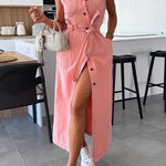 Solid Color Sleeveless Single Breasted Waist Tie Casual Pocket Denim Midi Dress