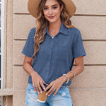 Nadorine Button Down Shirt Bust Pocket Short Sleeve Blouses