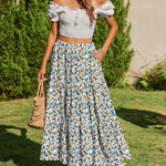 Nadorine Boho Maxi Flowy Elastic A-Line Tiered Floral Skirts