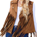 Women Faux Leather Vest Lapel Sleeveless Drape Tassel Open Front PU Fringe Jacket S-XXL - Nadorine (Us Only)