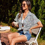 Nadorine Linen Shirts Cotton Short Sleeve V Neck Button Down Blouses
