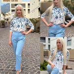 Nadorine 3/4 Length Sleeve Tops Loose Fit Shirts Pleated Tunics