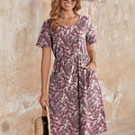 Zeagoo Womens Midi Dress Short Sleeve A-Line Cotton Linen Dress