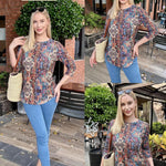 Nadorine 3/4 Length Sleeve Tops Loose Fit Shirts Pleated Tunics